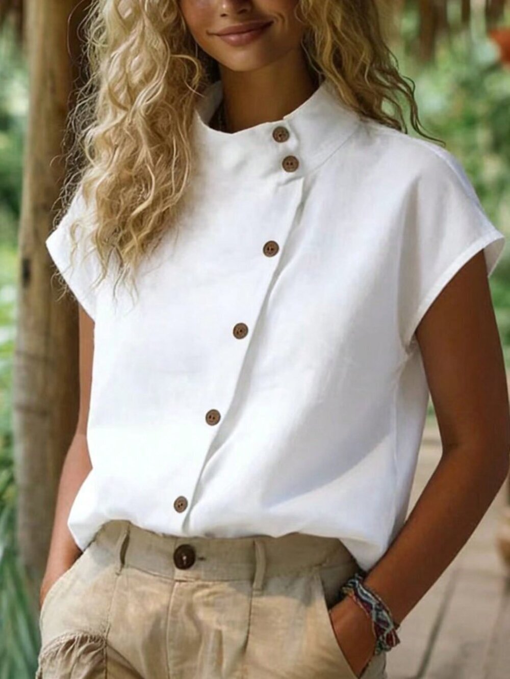Women's Stand Collar Shirt,Short Sleeve Tops